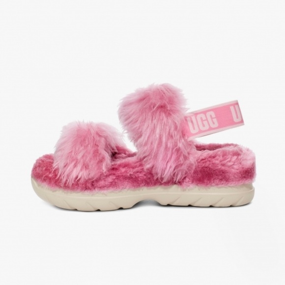 UGG Women's Fluff Sugar Faux Fur Sandal Plush Insole Logo Strap Pink size 6 NEW - Picture 2 of 8